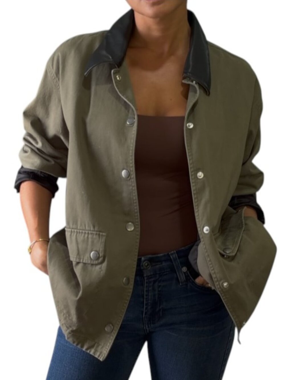 rag & bone Olive Green Utility Jacket Snap Front Coated Black Collar Size S - Picture 4 of 8